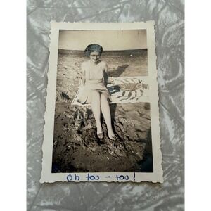 Vintage 1940s 1950s Snapshot Beach Woman Swimsuit Oh too-too Deckled Photo 561E